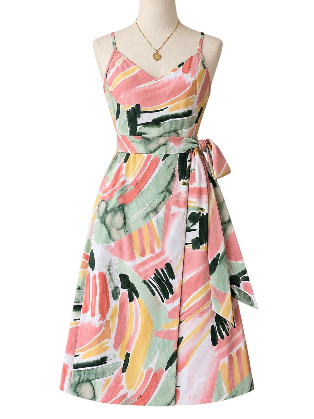 Abstract Print Pink Green Wrap Dress